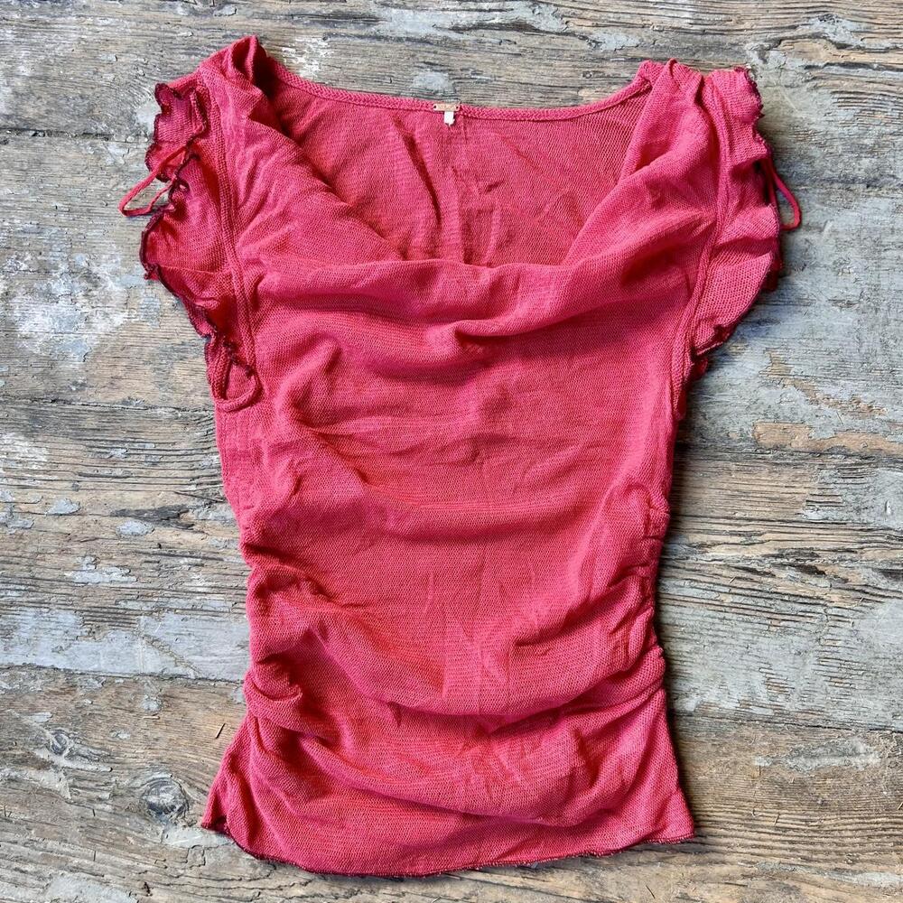 Free People Coral Pink Mesh Ruffle Sleeve Blouse Tie Front Romantic Fairycore To